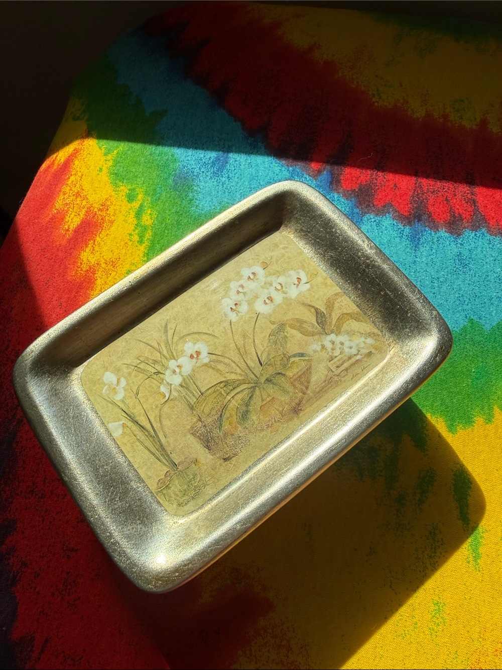 Orchid Motif burnished silver soap Vanity Tray - Decorative Home Bath Organizer